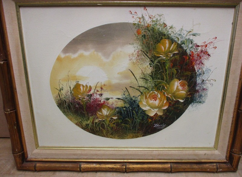 ORIGINAL EMILY HAND PAINTED OIL ON CANVAS PAINTING MATTED BAMBOO FRAME SIGNED !!