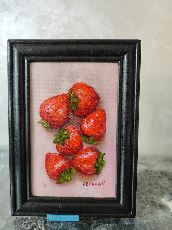 Red Strawberry Painting Original Fruit Art Small Framed Still Life Gift Food Art gallery