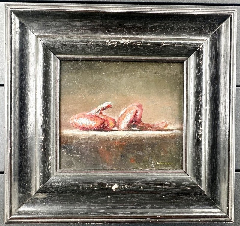 LINDY SCHILLACI Still Life Red Onions 14×15 Framed Oil on Canvas Signed