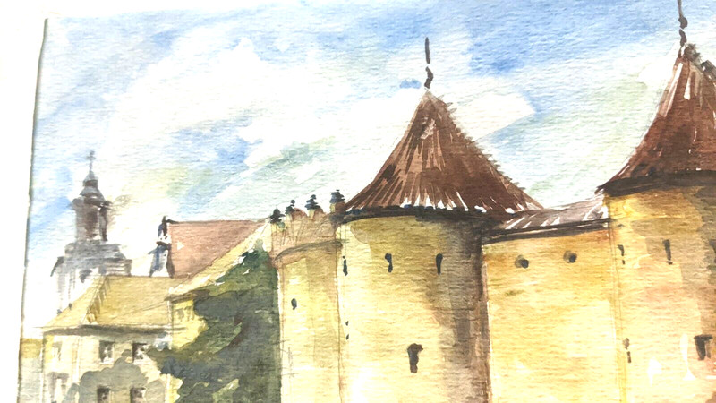 Hand Painted Original Art Watercolor Mideival Manor Signed P. Marzec Framed gallery