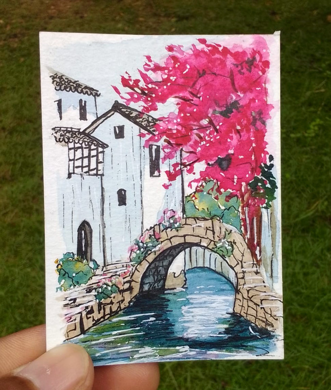 ACEO Original Watercolor Painting Stone Bridge Canal Town European Art OOAK