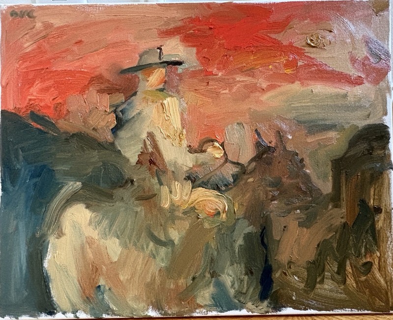Western Cowboy Surrealism Landscape Oil Painting Canvas 16”x20” Original Signed