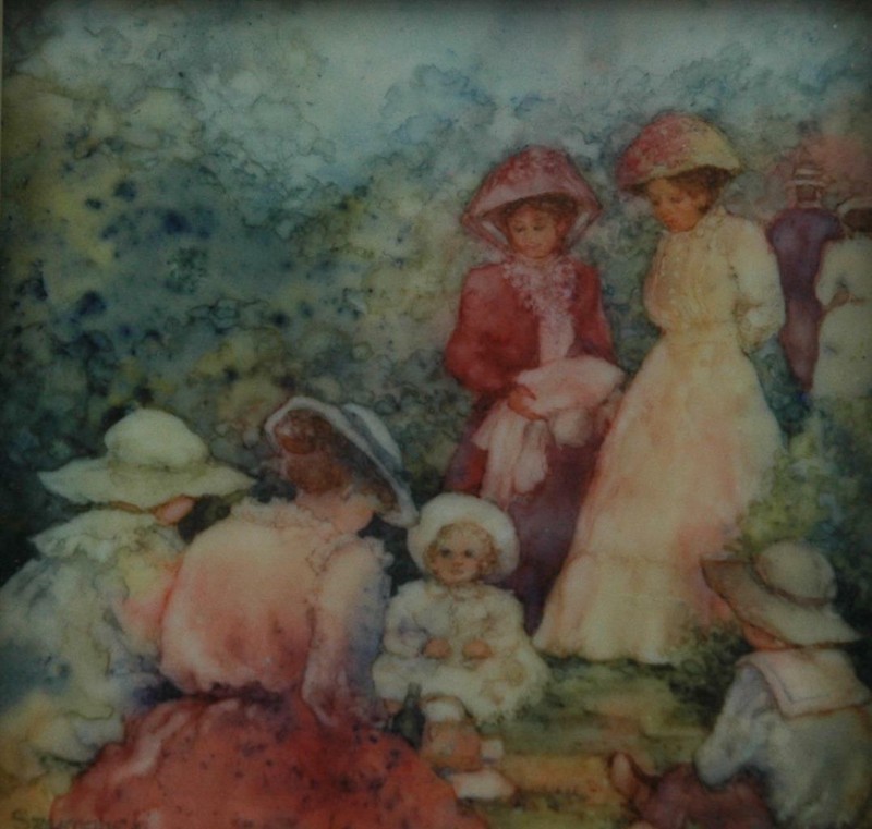 Original Miniature Transparent Watercolor «Bush Picnic 1900» Madeleine Szymanski