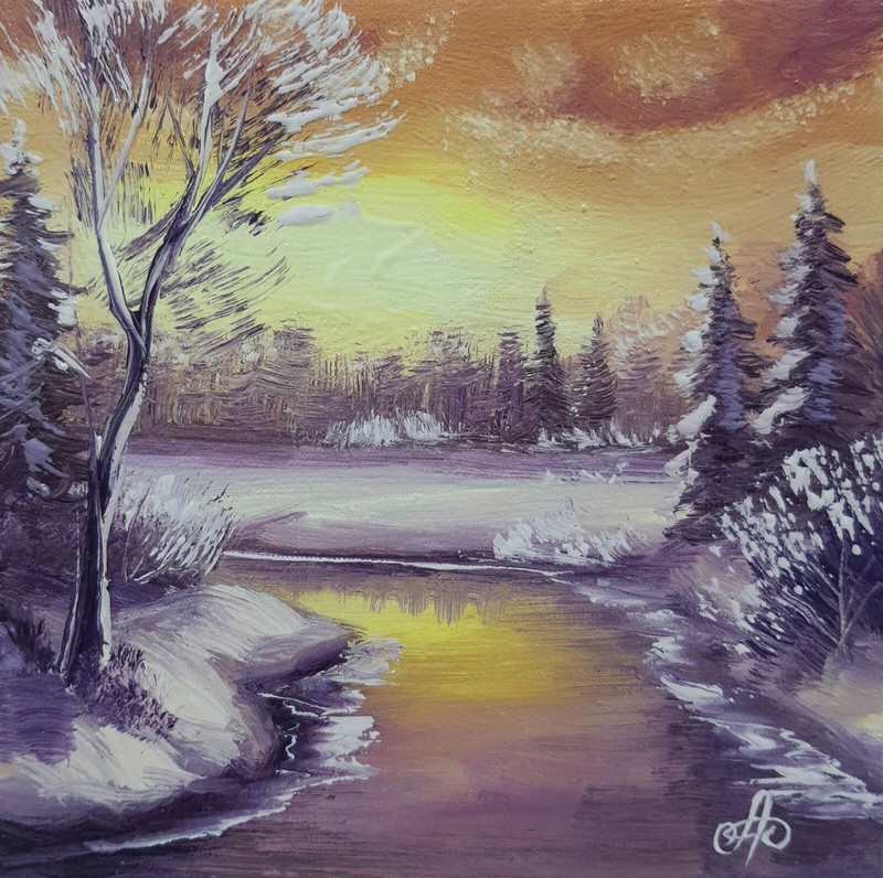 Winter Sunset River Landscape Original Oil Painting Impressionist Wall Art 6×6