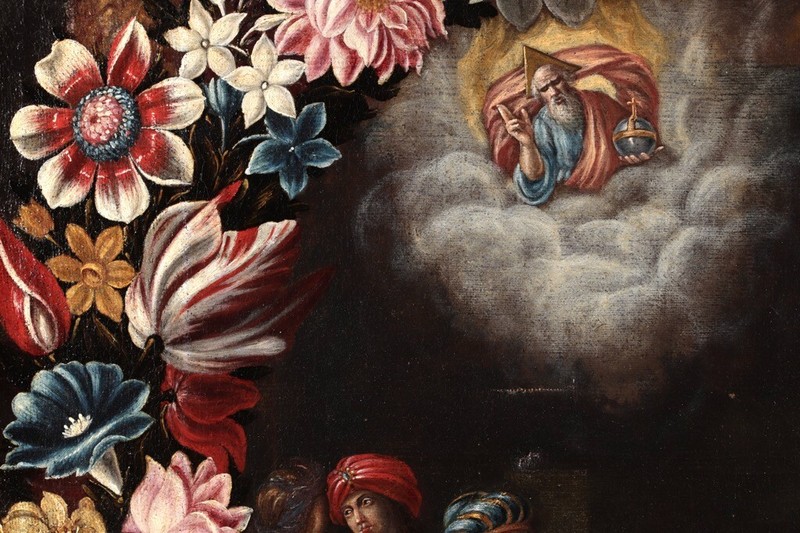 17th CENTURY LARGE DUTCH OLD MASTER OIL CANVAS , Flowers, FIRST BATH OF CHRIST gallery