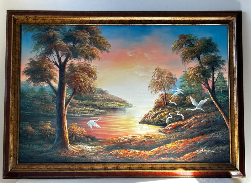 J Thompson Florida Folk Artist Everglades Cypress Marsh Large Framed Painting