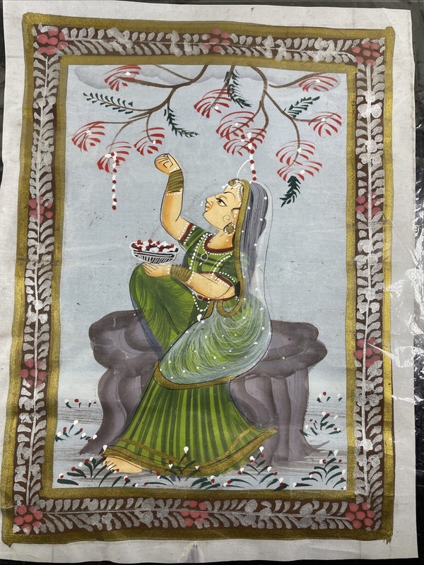 Indian Silk Painting 12×9 In Woman W Flowers Wedding Painting