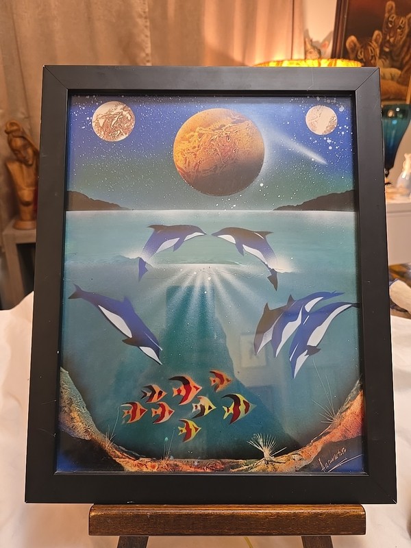 OOAK Otherworldly Mixed Media Spraypaint 3 Dolphin Seascape Painting Arturo Cruz