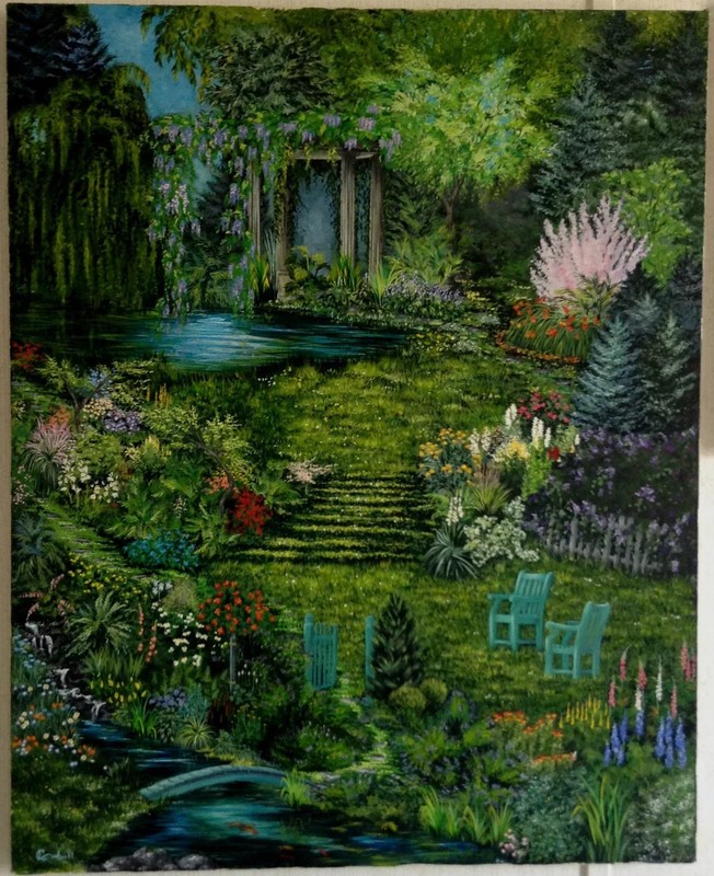 L Cahill Twilight Garden Bridge Koi Pond Gazebo Waterfall Weeping Willow Tree