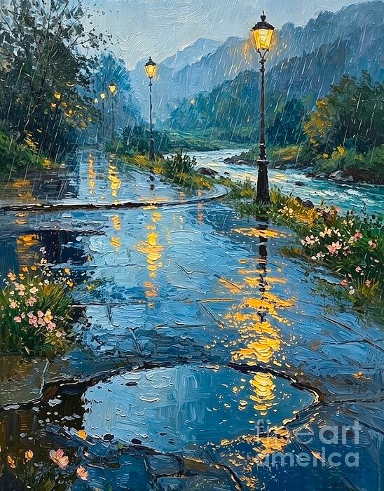 new handmade Painting on 16″*20″canvas Rainy Pathway in Evening by Wendy