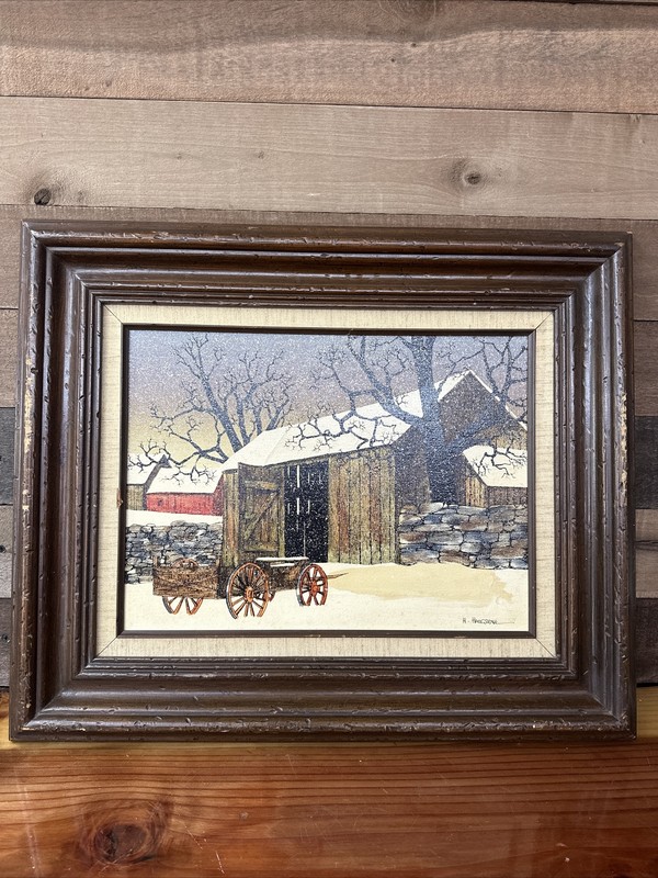 VTG H.Hargrove Snowy Barn Wagon Serigraph Painting 23×19 Frame
