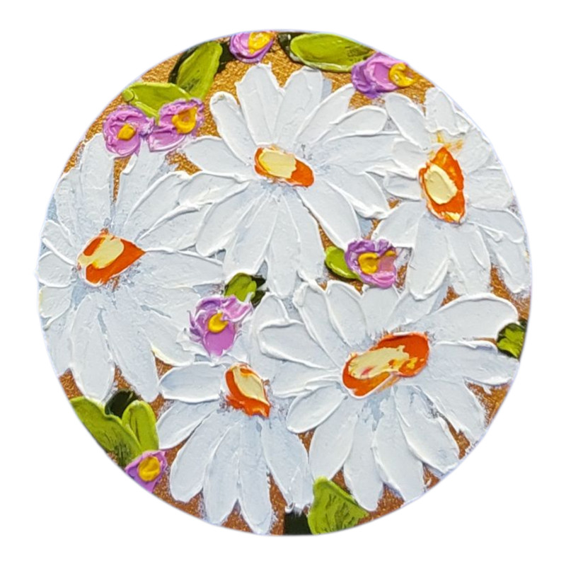 Daisies 3D Original Oil Painting Wildflowers Round Wall Art Handmade 4×4 in