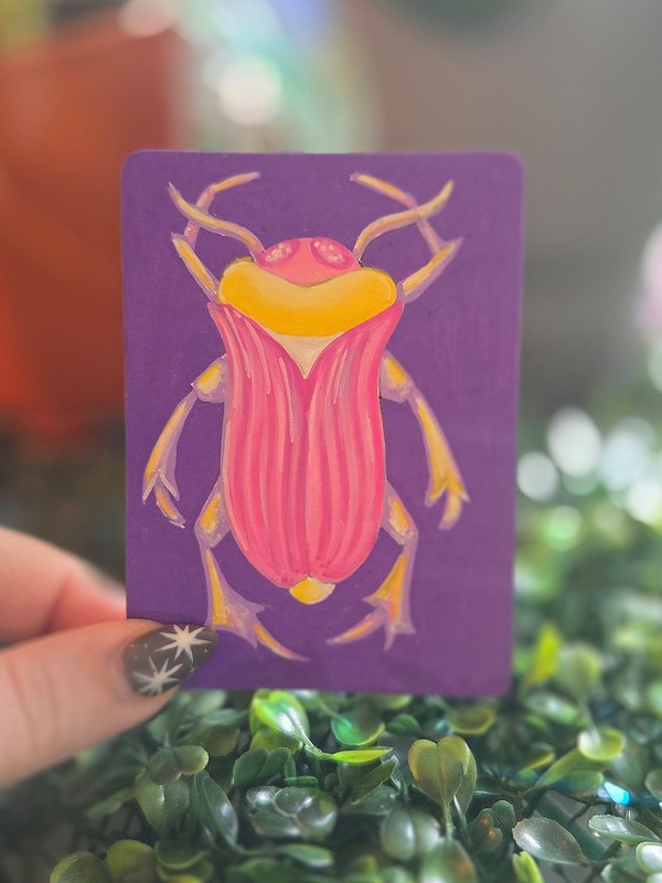 ACEO Original Pink Beetle Acrylic Painting Bug Art 6/16 Signed by Ziggy Sands