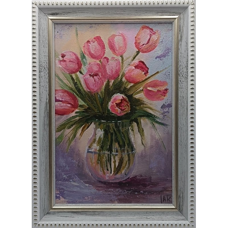 Original Oil Painting Tulips Still Life Floral Impasto Framed Bouquet Art 6*4