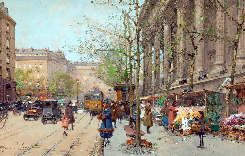 Flower Market, Place of Madeleine Painting by Eugene Galien Laloue Reproduction