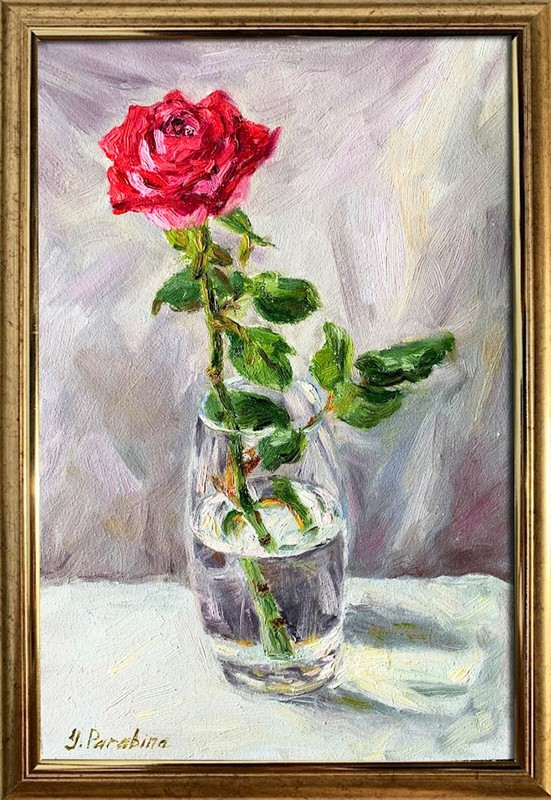 Red Rose Floral Original Still Life gold frame Oil Painting Flower art handmade