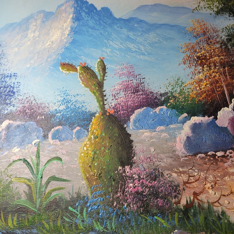 W. Zeller Painting Desert Cacti Landscape Soft Colors Mountains Sky 20x24 gallery