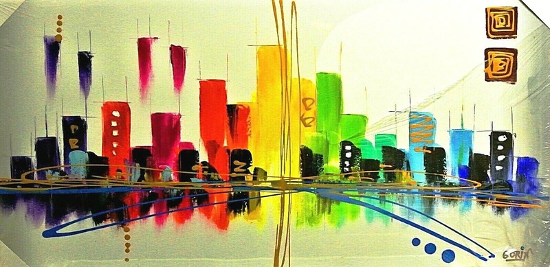 Gorin «Kaleidoscopic Skyline»-Handmade Oil Painting/Gall Wrapped Canvas-40″x 20″