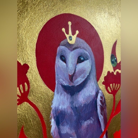 Owl Original painting Surreal Nouveau ladybugs Red moon Gold Accents Artettina gallery