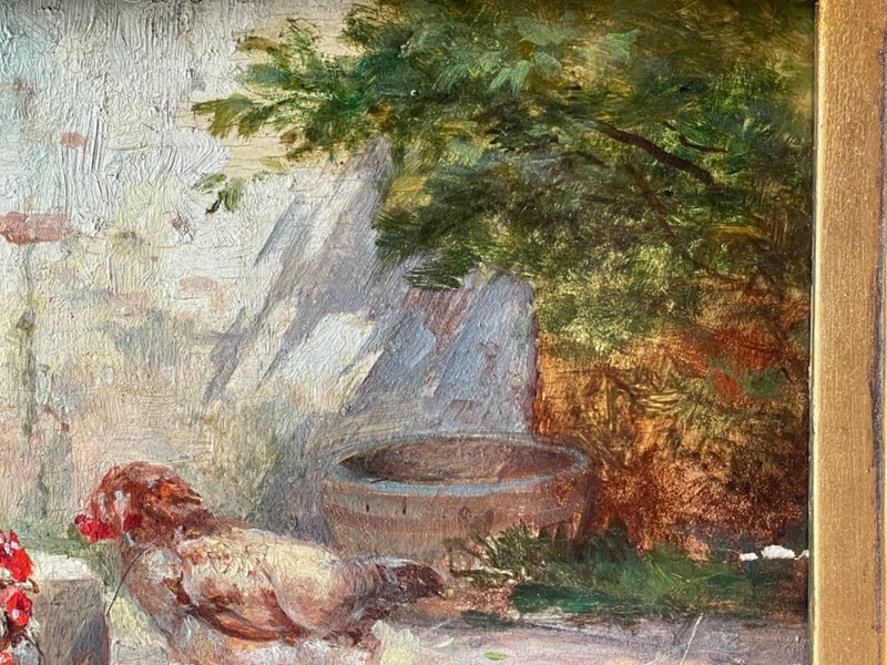 Early 20th Farm scene Chickens Roosters Farmhouse Fowl - Antique Oil Painting gallery