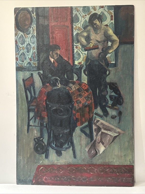 VINTAGE PAINTING MODERDNIS LARGE INTERIOR PEOPLE PORTRAIT IMPRESSIONIST SIGNED