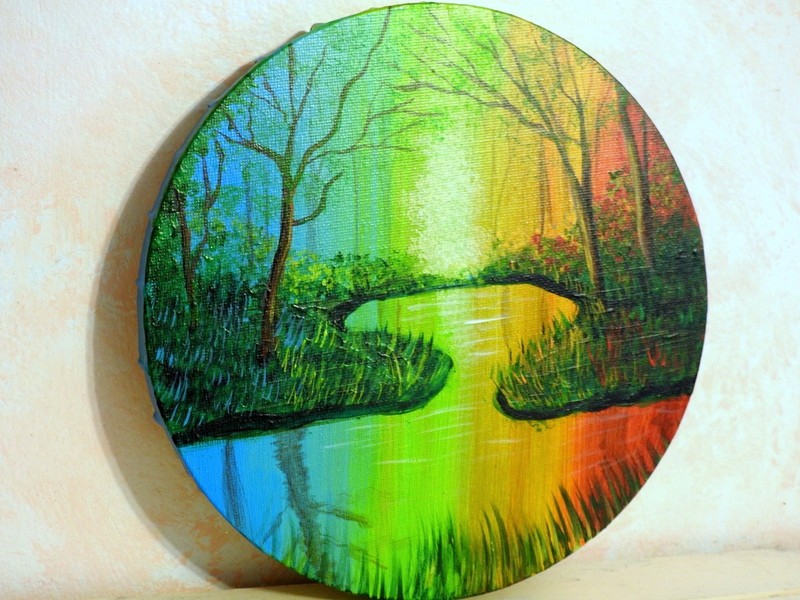 8 Inch Round Landscape Acrylic Painting Forest Rainbow Glow Over Tranquil Waters gallery