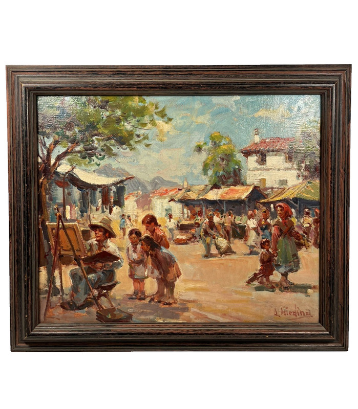 ANTONIO SERRANO IMPRESSIONIST VILLAGE TOWN FIGURES VINTAGE SPAIN OIL PAINTING