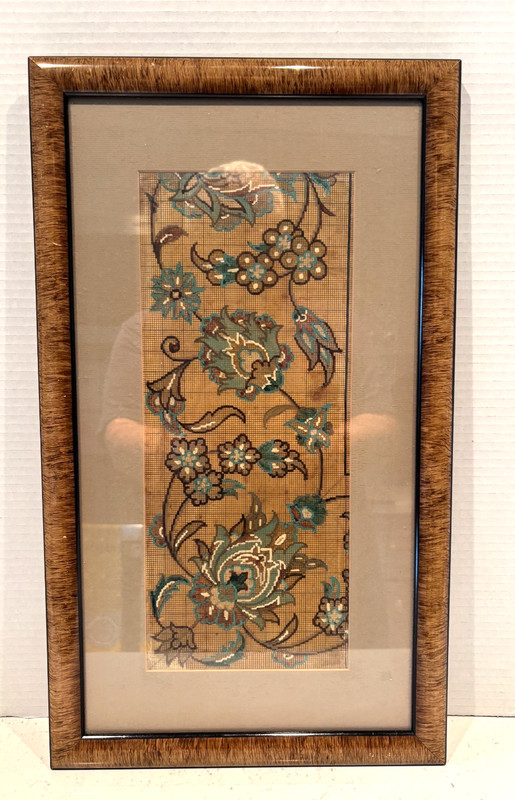ANT. FRAMED HANDPAINTED RUG PATTERN BORDER,BLUE/AQUA TIGER MAPLE FRAME, 1920’S?