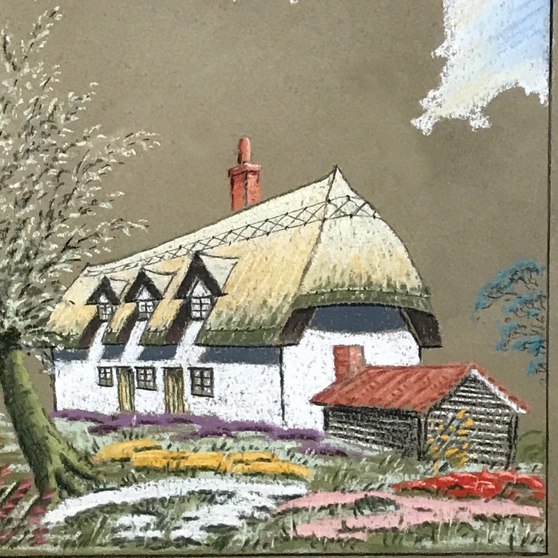 English Cottage - Original Chalk Drawing by A. C. Swan, Signed gallery