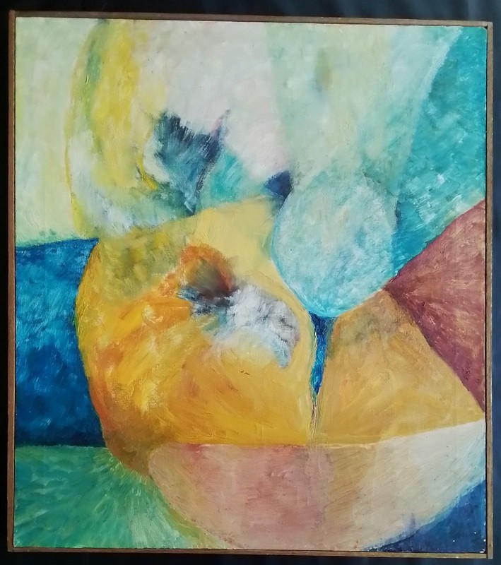 VINTAGE LARGE COLORFUL ABSTRACT OIL PAINTING~SIGNED SANTOS-LOOK !