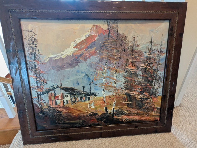 Morris Katz Original Oil on Board Painting – Remote Mountains Homestead Scene