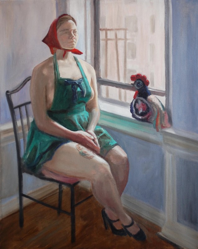 Woman sitting next to a window, oil painting on linen canvas