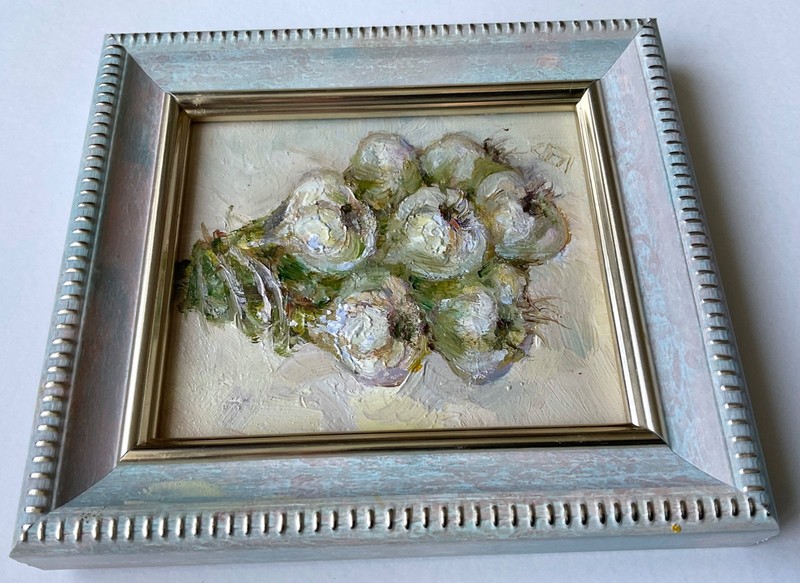 Original Oil Painting Garlic Still Life Impasto Mini Art 3x2.5 in Signed OS gallery