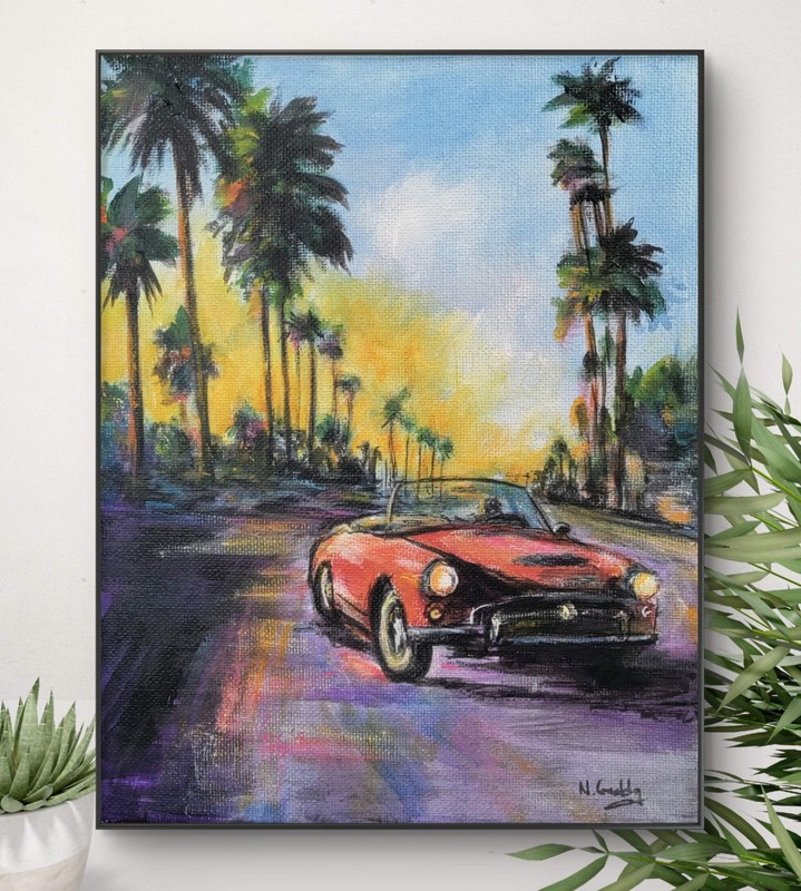 Original Expressionism 8 x 10 Sunset Red Car Acrylic Canvas Wall Art Painting gallery