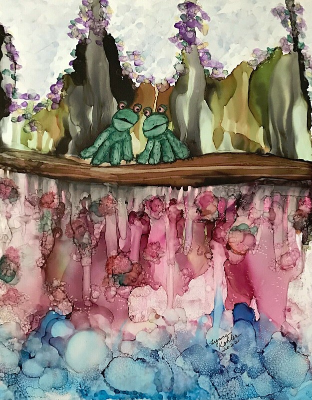 Original 11×14″ FROGS flowers waterfall painting by Lynne Kohler