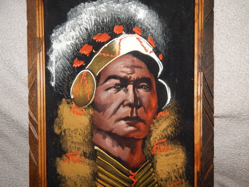 American Indian Apache Chief Native Mexican Velvet Painting 24" x 12" gallery