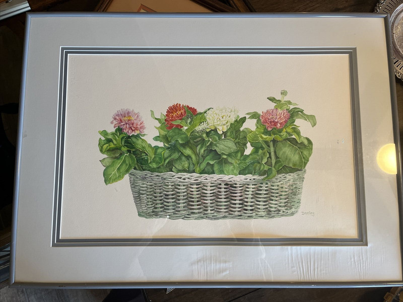 Ellen Donley 14x 21 Water Color flowers in a white wicker planter basket