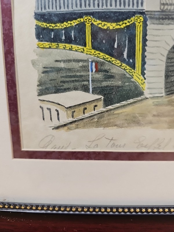 Handpainted watercolor Eiffel Tower & Ponte Alexander III Bridge Paris France gallery