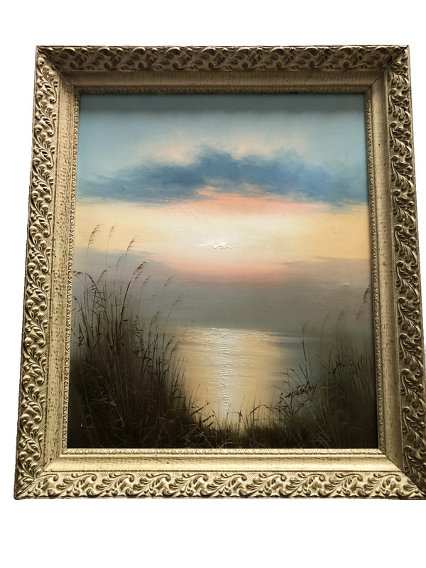 Vintage sunset on beach oil on canvas painting signed H Gailey framed 29x25 in. gallery