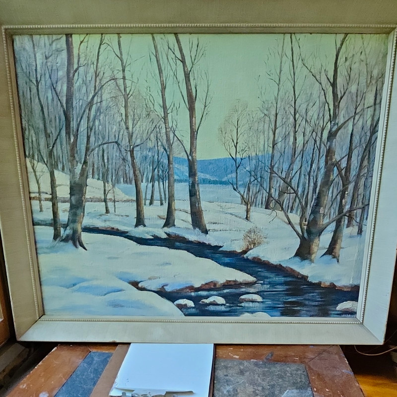 Framed Winter River Landscape Painting Realism Canvas 31×29 Leo Albrect