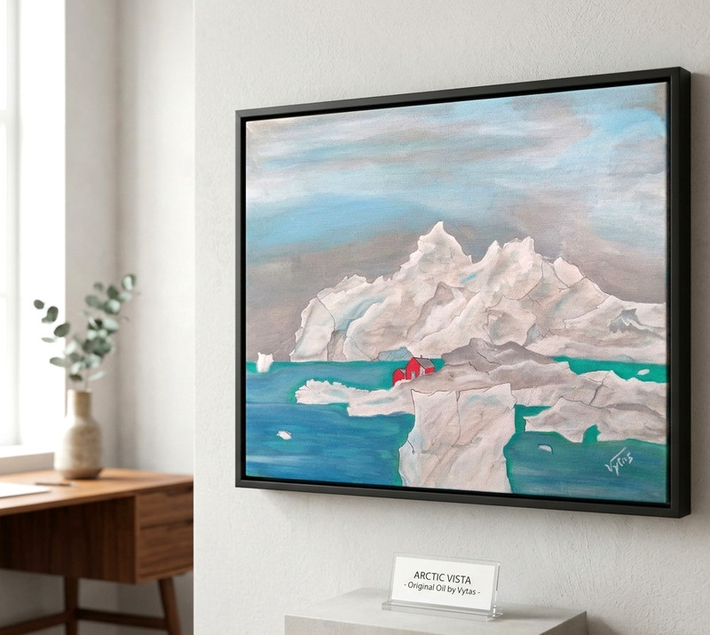 Original Landscape Acrylic Painting Signed Vytas Arctic Iceberg Red Cabin 16×20