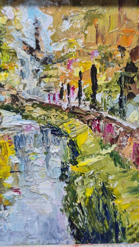 Original signed oil painting in a frame, old town by the river, 4x4 inches gallery