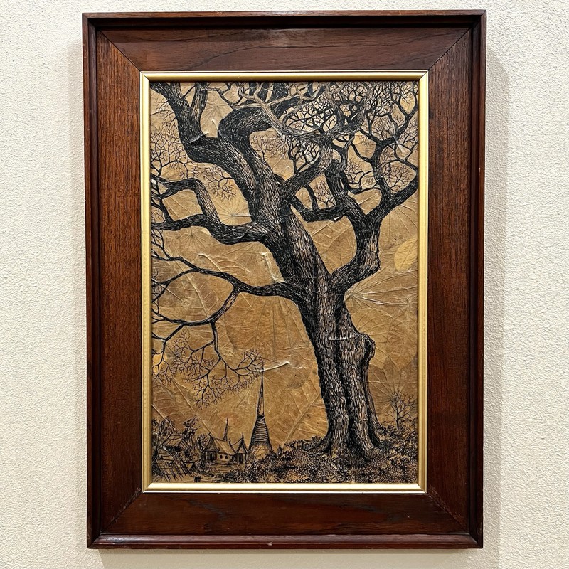 Original VTG Tree Drawing Signed By LERT Ink on Leaves Thailand Made 17”W 23”L