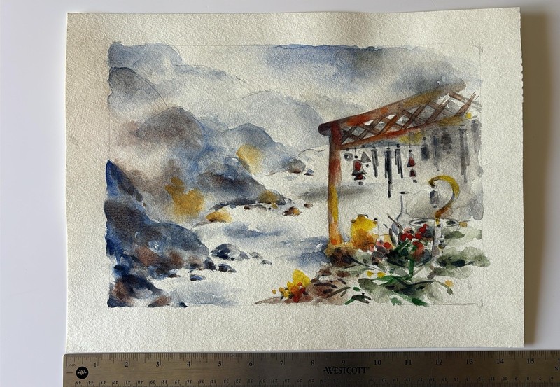 Watercolor Landscape Painting on Paper, Unframed 12×9 Garden Structure Asian