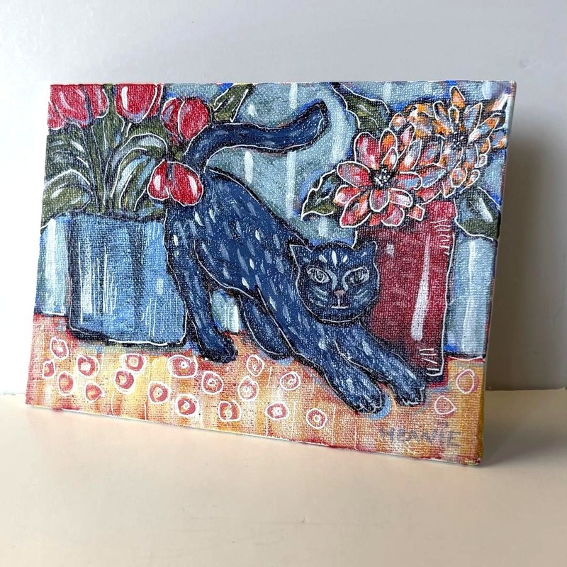 Original acrylic black kitty cat and flower painting, 7 x 5, whimsical art, OOAK gallery