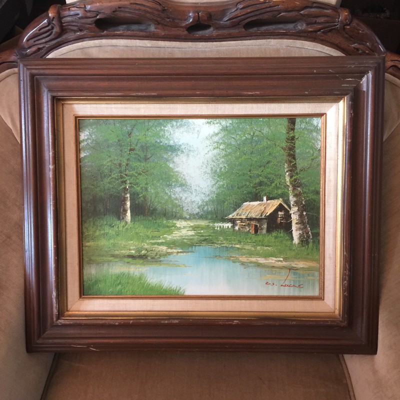 Vintage MID-CENTURY Oil Painting – Signed By W. Lucas – Cottage, Trees, Water