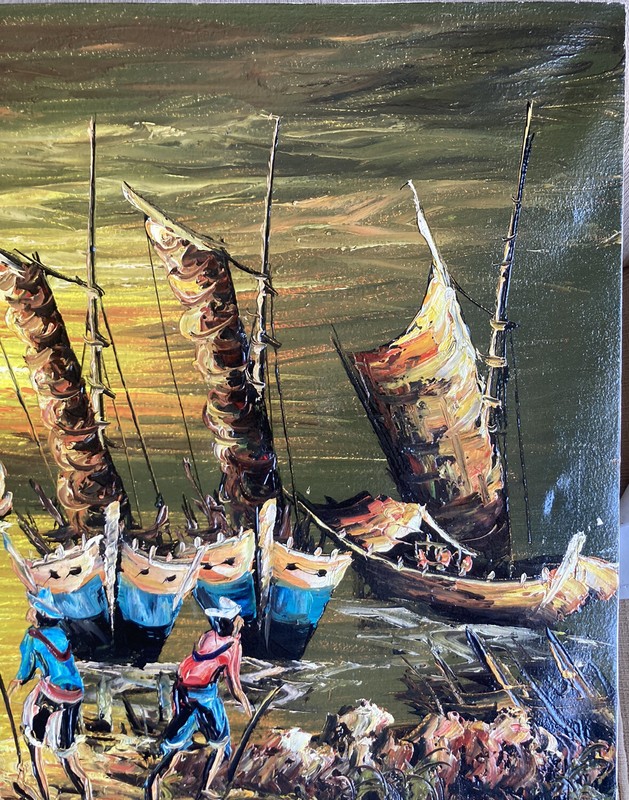 Vintage Abstract Original Oil Painting On Canvas Boat Ships Harbor Artist Signed gallery