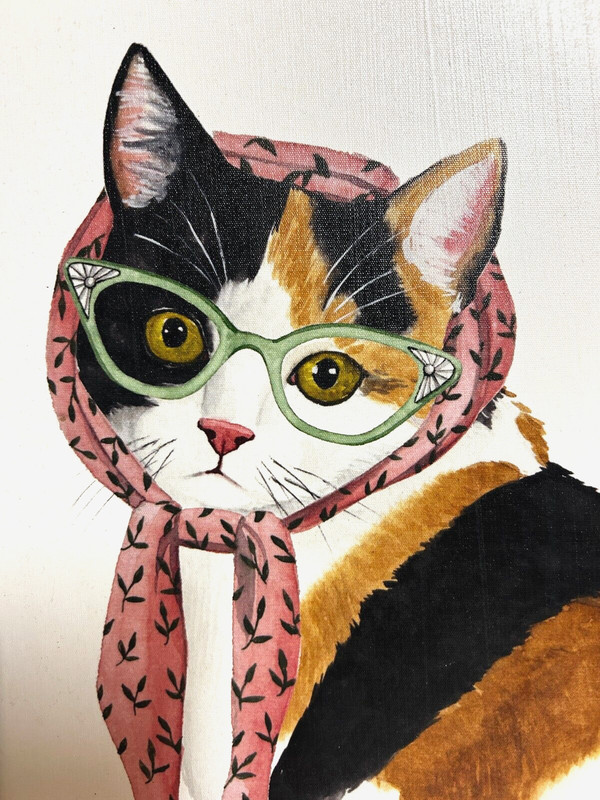 Framed Calico Cat Eye Glasses 16×20 float canvas print Smart CAT painting Rare!