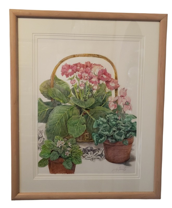 Vintage Still Life Flower Painting Signed Hydrangea Potted Plants Large Framed