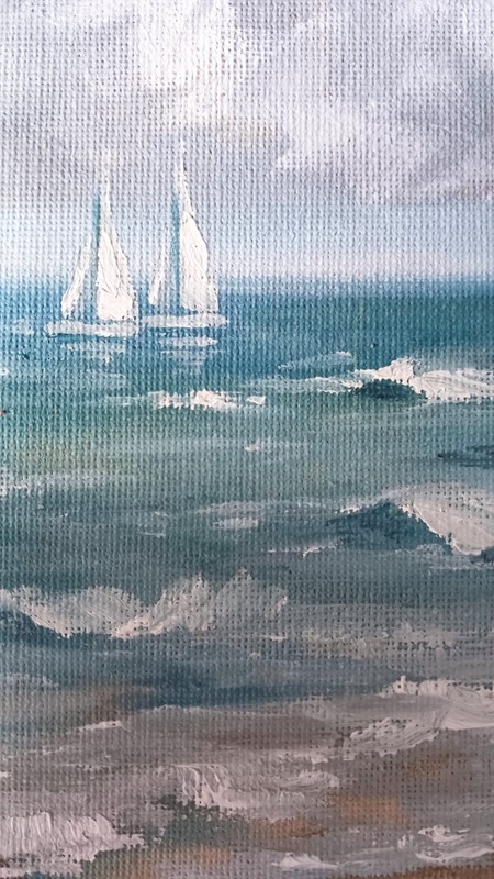 ORIGINAL Oil Painting Impressionism Ocean Boats Beach Palms Vacation 8"x10" gallery